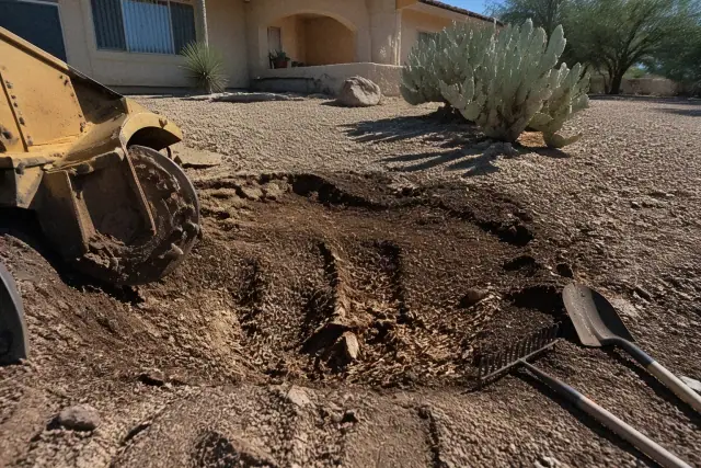 A stump grinder clearing a wooden stump in a Tucson, AZ residential yard with mulch and a stucco home in the background.