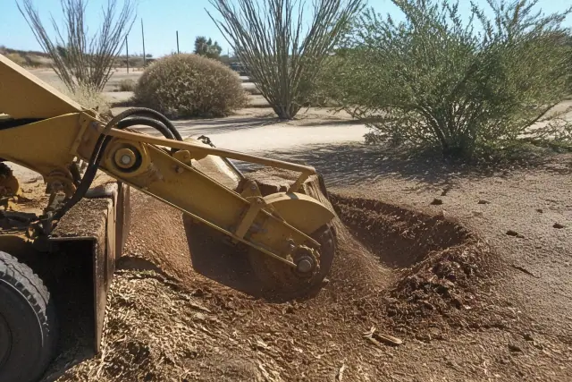 Heavy machinery grinding a large wooden stump into mulch in a desert yard in Flowing Wells, AZ.