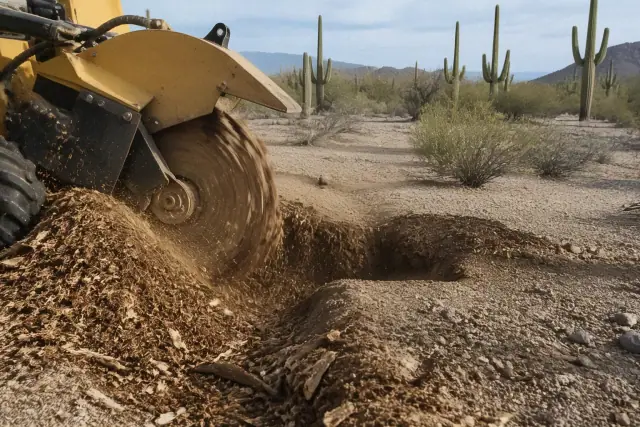 Heavy machinery grinding a tree stump into mulch in the desert landscape of Catalina Foothills, AZ.
