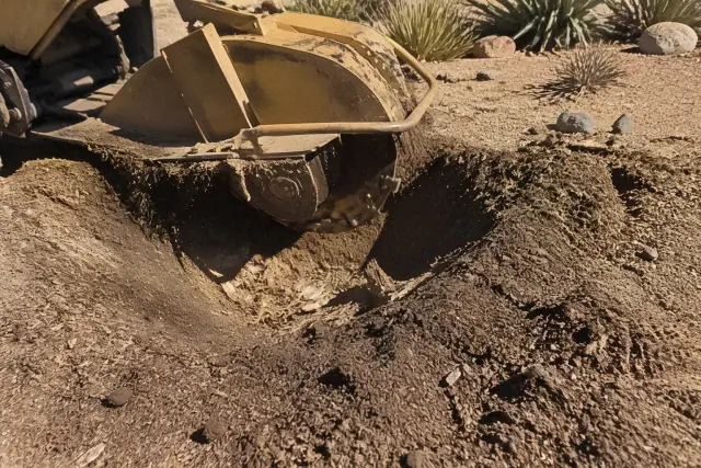 A stump grinder machine pulverizing a wooden tree stump into mulch in a desert yard in Casas Adobes, AZ.