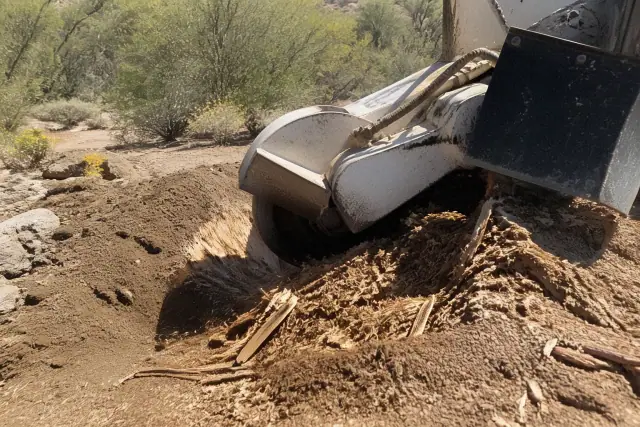 A stump grinder pulverizing a tree stump into mulch in the Sonoran Desert foothills of Oro Valley, AZ.