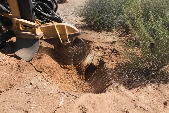 Stump grinder machine removing a tree stump into mulch in rocky desert soil in Tucson, AZ.