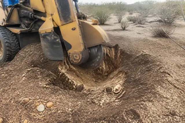 Heavy machinery grinding a tree stump into mulch in the Sonoran desert soil of Catalina, AZ.