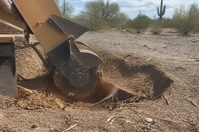 Stump grinder pulverizing a wooden tree stump into mulch at a desert jobsite in Marana, AZ.