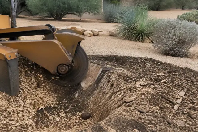 A heavy machine grinding a tree stump into mulch in a desert landscape in Green Valley, AZ.