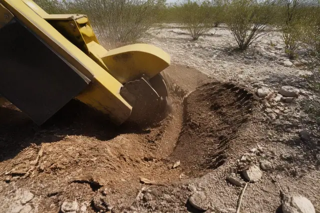 A heavy machine grinding a tree stump into wood chips in the desert soil of Tucson, AZ.