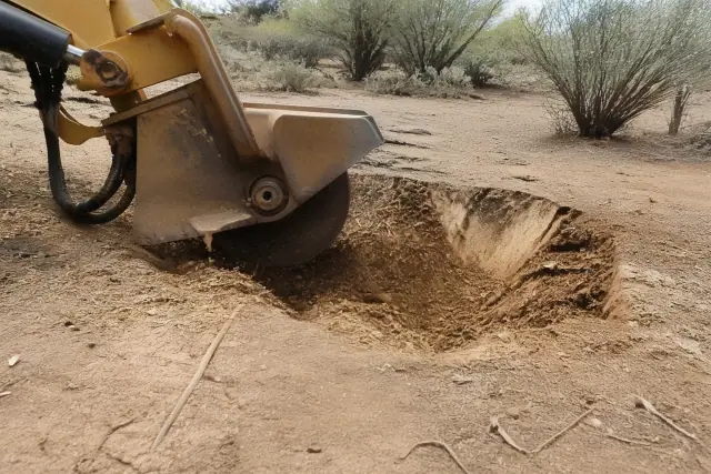 Heavy machinery grinder head pulverizing a wooden stump into mulch in the soil in Tanque Verde, AZ.