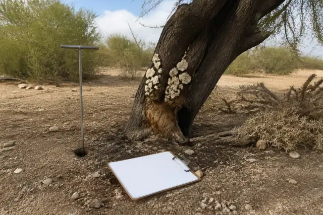 Arborist inspecting tree trunk decay and fungal growth with a soil probe and clipboard in a Vail, AZ desert yard.