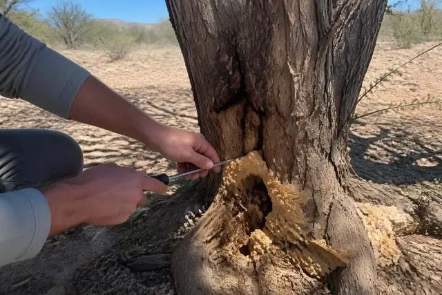 Arborist using a soil probe to inspect fungal decay at the base of a mature mesquite tree in Marana, AZ.