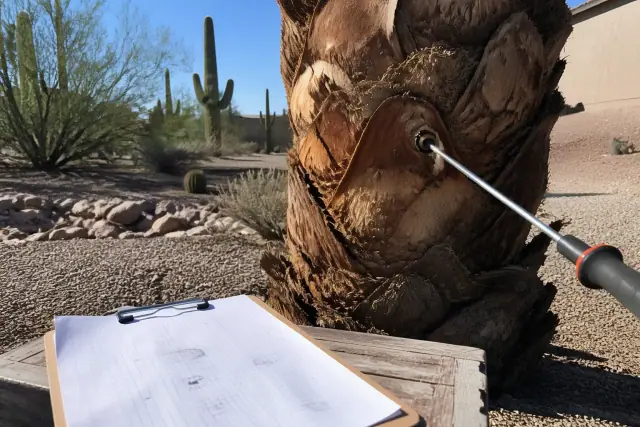 Arborist inspecting a desert palm tree with a soil probe and clipboard in Tucson, AZ.
