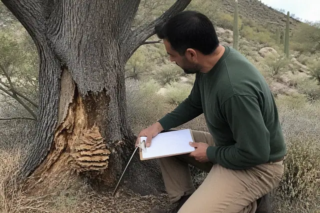 An arborist inspects tree trunk decay and fungal growth with a soil probe in Catalina, AZ.