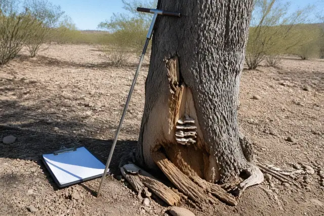 Arborist inspecting tree trunk decay and fungal growth in Flowing Wells, AZ with a soil probe and clipboard.