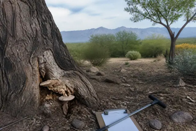 Arborist inspecting trunk decay and fungal growth on a tree in Sahuarita, AZ.