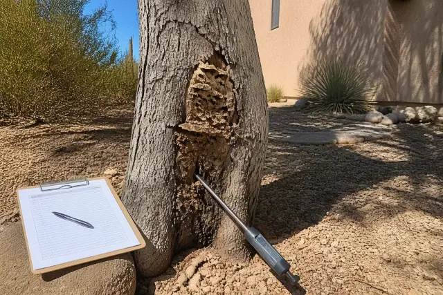 Arborist examining tree trunk decay and fungal growth with a soil probe and clipboard in Casas Adobes, AZ.