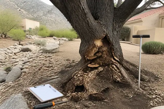Arborist inspection of tree trunk decay and fungal growth at a residential property in Catalina Foothills, AZ.