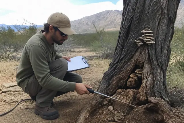 Arborist inspecting tree decay and fungal growth in the Sonoran desert landscape of Oro Valley, AZ.