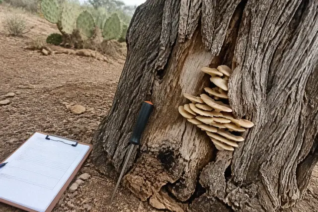 Arborist examining tree trunk decay and fungal growth with a soil probe and clipboard in Tucson, AZ.