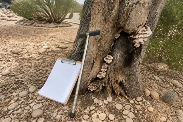 Arborist tools and clipboard resting against a tree showing trunk decay and fungal growth in Tanque Verde, AZ.