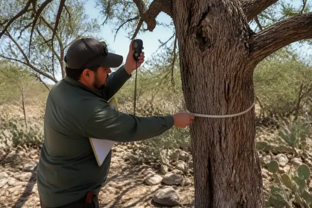 Arborist measuring trunk diameter and height of a tree in Tucson, AZ with a diameter tape and clinometer.