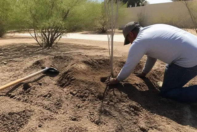 A newly planted sapling in a soil pit with mulch and irrigation tubing, featuring Catalina mountains in Casas Adobes, AZ.