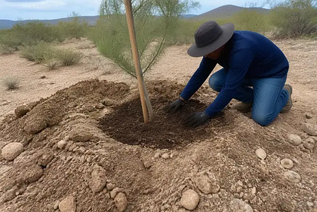 Technician planting a young sapling in desert soil at a job site in Vail, AZ.