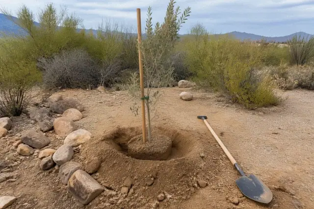 Technician backfilling soil around a newly planted tree in the arid landscape of Catalina, AZ.