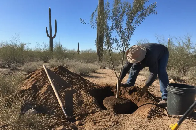 A technician backfilling soil around a newly planted sapling in Marana, AZ, with desert landscape in the background.