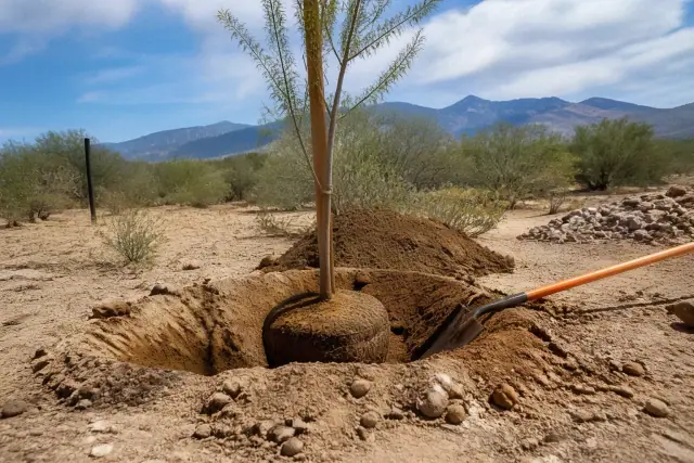 A technician backfilling soil around a newly planted sapling in Sahuarita, AZ, with the Santa Rita Mountains in the back.