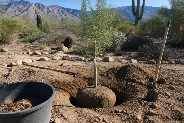Newly planted sapling with backfilled soil and tools at a job site in Green Valley, AZ, near saguaros and mountains.