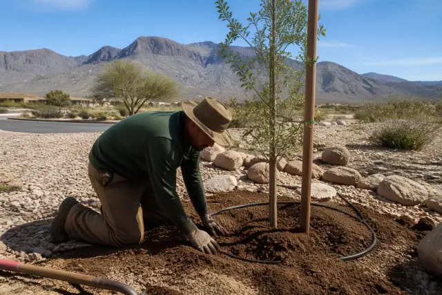 Technician planting a young tree with a mountain backdrop in Oro Valley, AZ.