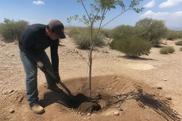 Technician backfilling soil around a newly planted tree at a job site in Flowing Wells, AZ.