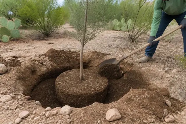 Technician backfilling soil around a newly planted sapling in Tucson, AZ with desert landscape and a garden spade nearby.