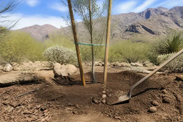 Technician backfilling soil around a newly planted sapling in Catalina Foothills, AZ with desert mountains in the background.