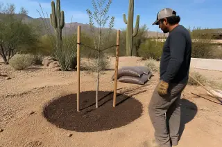 Technician inspecting a newly planted sapling with mulch, stakes, and desert cacti in a Tucson, AZ yard.