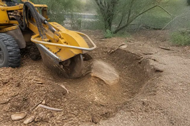 A stump grinder pulverizing a large tree stump into mulch at a jobsite in Tucson, AZ.