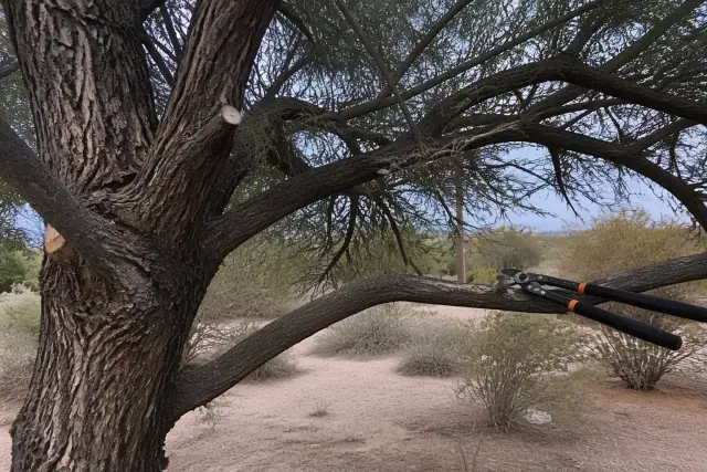 Arborist performing precision crown pruning on a tree in Flowing Wells, AZ with loppers resting on a branch.