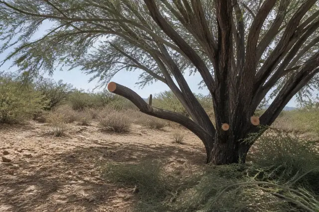 Professional tree pruning on a mature tree in the Sonoran desert landscape of Vail, AZ.