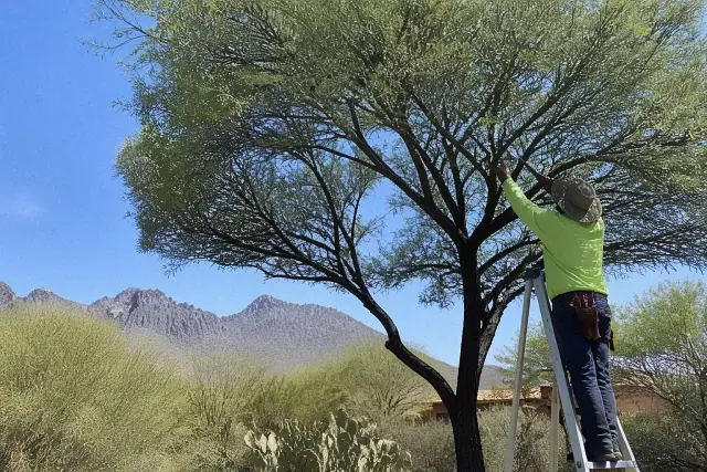 Contractor pruning a tree to restore its natural form in Catalina Foothills, AZ, with mountain scenery in the background.