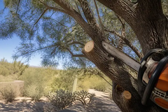 Precision canopy pruning on a tree in a Sonoran desert landscape in Tanque Verde, AZ.