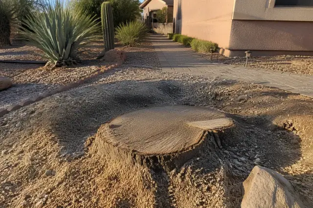 Freshly cut tree stump with wood shavings in a desert landscape in Casas Adobes, AZ.