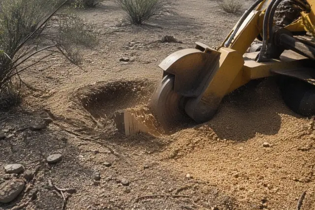 Stump grinder pulverizing a large tree stump into mulch on rocky desert soil in Vail, AZ.