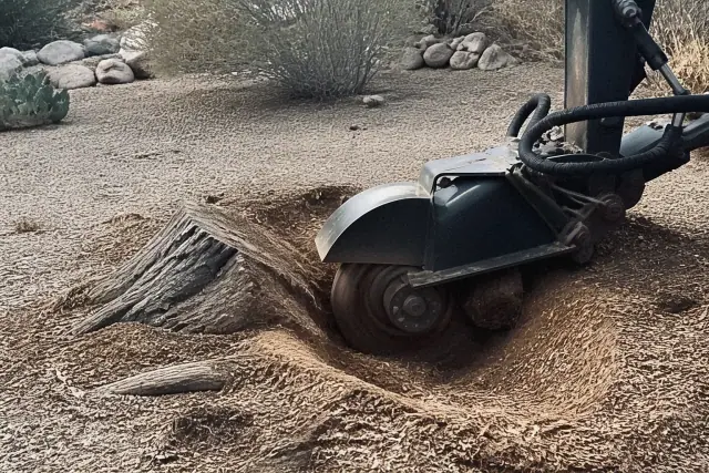A stump grinder pulverizing a tree stump into mulch in Green Valley, AZ, surrounded by desert scrub and granite ground.