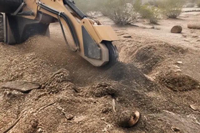 A stump grinder pulverizing a large wooden tree stump into mulch in Flowing Wells, AZ.