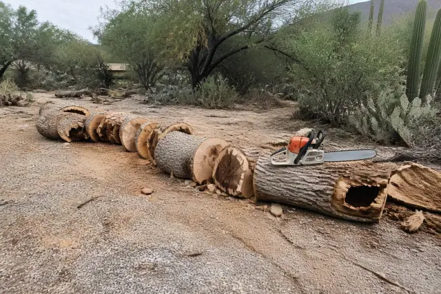 A large downed tree trunk being cut into logs on arid desert terrain in Tanque Verde, AZ.