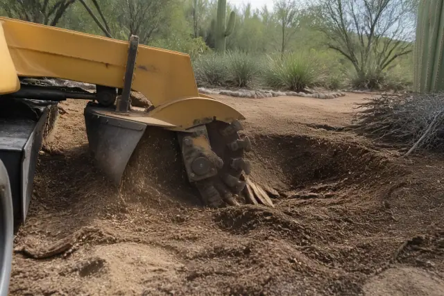 Stump grinder pulverizing a tree stump into mulch in the Sonoran desert of Catalina Foothills, AZ.