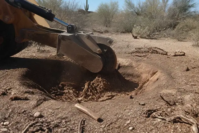 Industrial stump grinder pulverizing a wooden stump into mulch in dusty soil in Tucson, AZ.