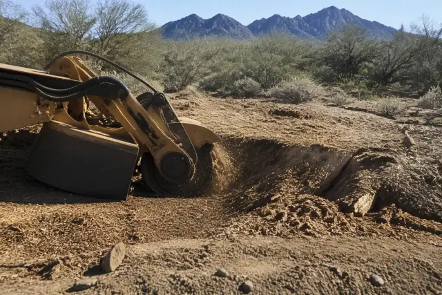 Freshly cut tree stump in arid, rocky soil during a stump grinding job in Marana, AZ.