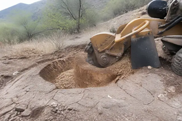 A stump grinder pulverizing a tree stump into mulch in the Sonoran Desert foothills of Catalina, AZ.