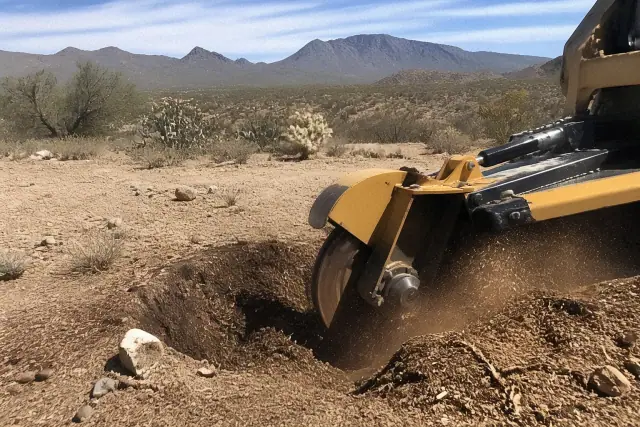 A heavy machinery grinder pulverizing a large wooden stump into mulch at a jobsite in Oro Valley, AZ.
