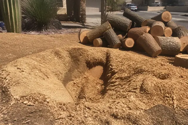 Fresh wood shavings and stacked logs from a tree removal project in Tucson, AZ.